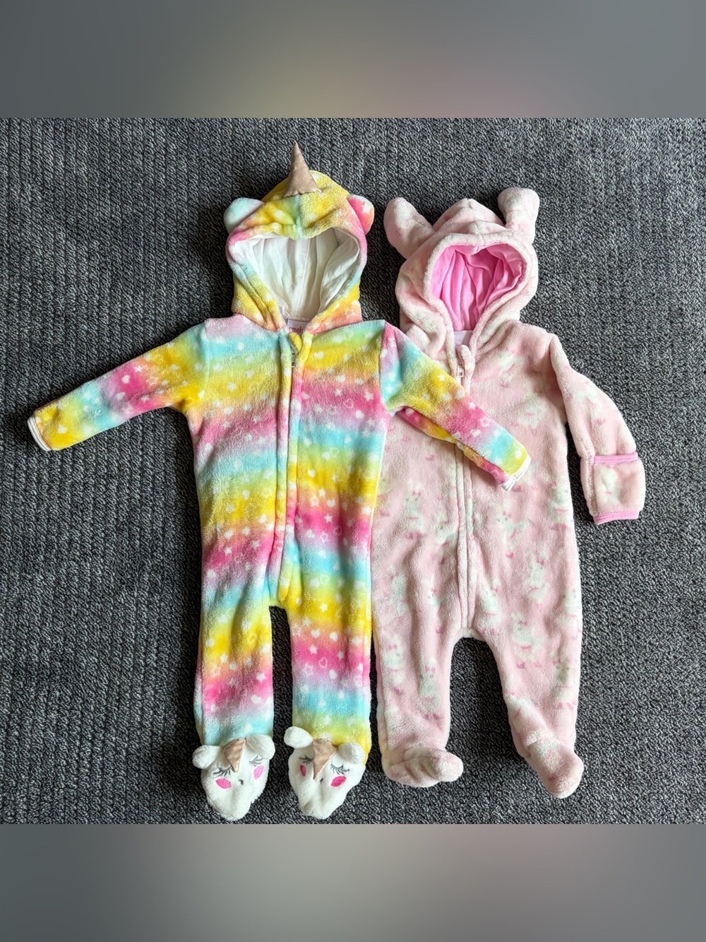 Baby Girl 0-3M Fleece Bunting Snowsuit Lot - Two Hooded Zip Up One Pieces W/Feet